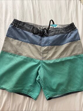 Point Zero Teal, Gray & Blue Colorblock Swim Shorts